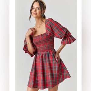 Red Plaid Smocked Women's Dress with Pockets!